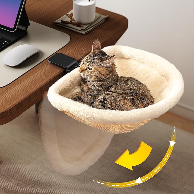 JUNSPOW Cat Desk Bed - One-Click Folding,Sunken Design & Space-Saving Semi-Circular Cat Bed, Soft Faux Rabbit Fur Material, Suitable for Various Desktops-Maximum Hold Up to 40lb