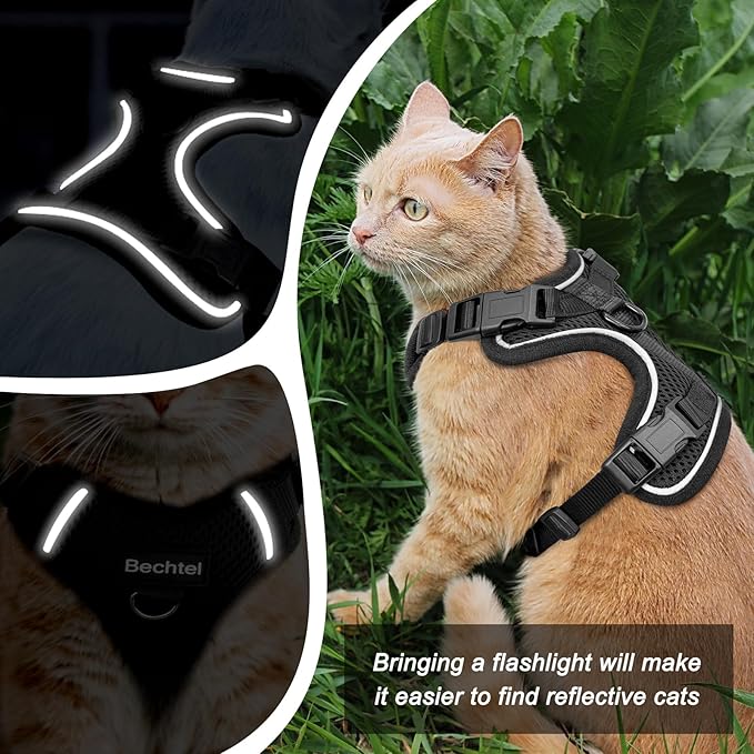 Cat Harness and Leash for Walking, The Upgrade Can be Adjusted in Four Directions and Breathable Cat Harness for Anti Escape that can be Fitted and Positioned, Reflective Strips Harness, Black, M