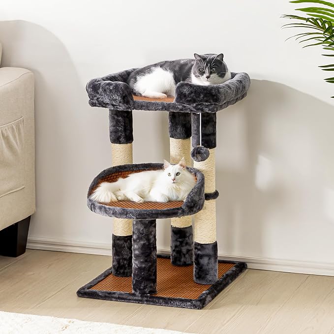Multi-Level Cat Tower with Scratching Posts, Cat Tree with Double Cat Bed & Hanging Toys, Cute Climbing Tower with Sisal Scratcher for Kittens & Adult Cats, Grey