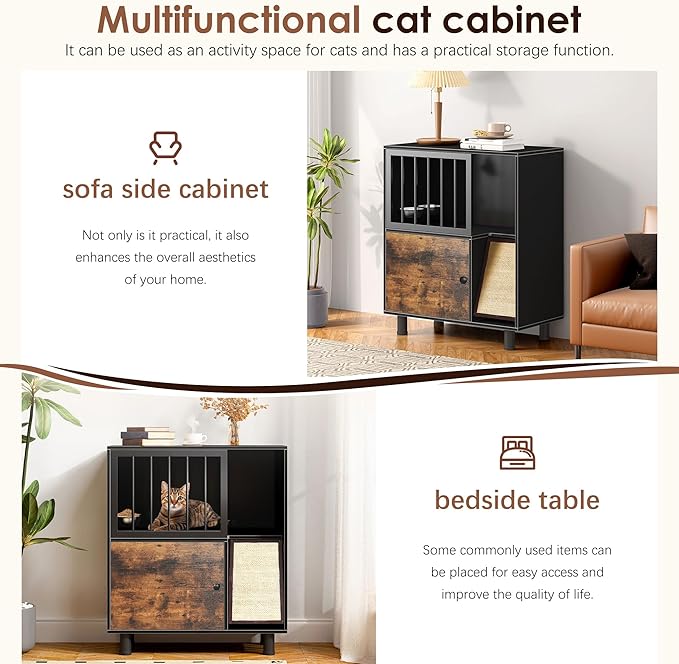 Cat Feeding Station with Scratching Board, Pet Feeder Station for Feeding & Watering Supplies, Cat Food Toy Storage Cabinet Storage Container, End Table Side Table, Black+Vintage
