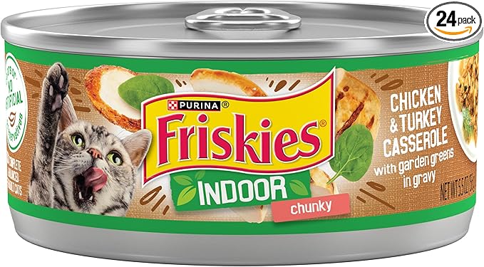 Purina Friskies Indoor Cat Food Chunky Chicken and Turkey Casserole With Garden Greens in Gravy 24/5.5 Oz - (Pack of 24) 5.5 Oz. Cans