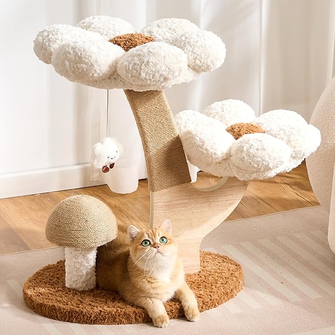 Aesthetic Flower Cat Tree Tower with Scratching Post for Indoor Cats, 30" H Modern Cat Tree with Wood Sculpted Branch, Flower Cat Beds, Mushroom Scratcher & Interactive Squeaky Toy, White