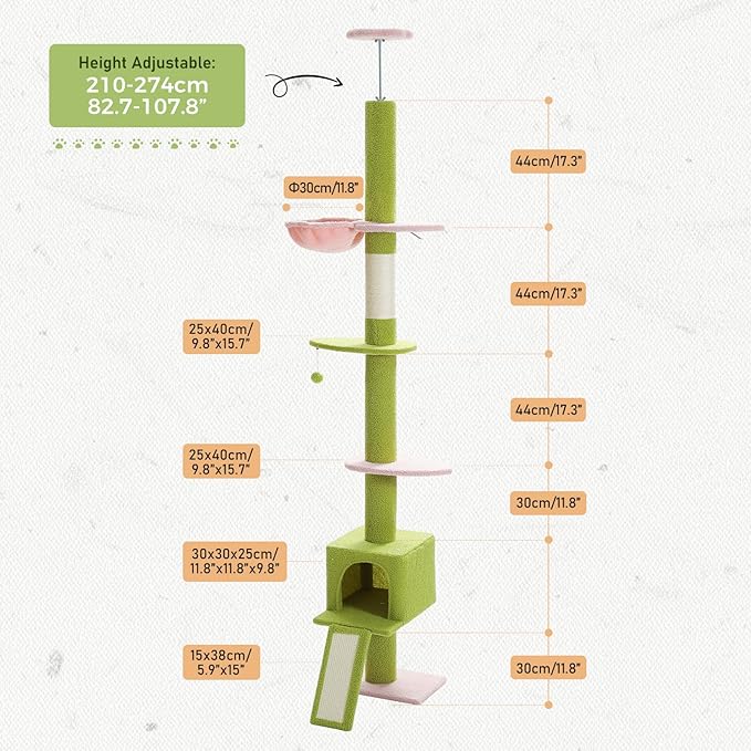 PETEPELA Floor to Ceiling Cat Tree, Cat Tower 5 Tiers Tall (83-108 Inches) Adjustable Height, Climbing Tree Featuring with Spacious Condo, Scratching Post and Perches for Indoor Cats, Pink