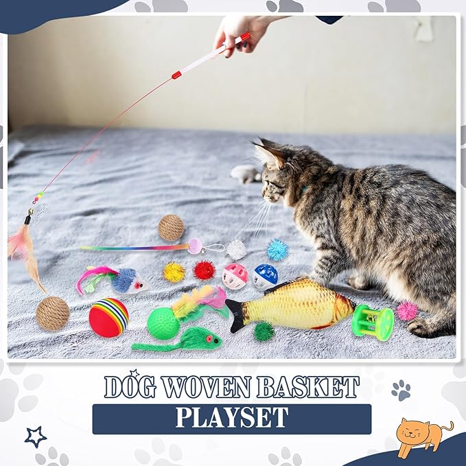 Zopeal 76 Pcs Graduation Cat Storage Basket Gift Toys Set Interactive Cat Toys Kitten Wand Colorful Flashing Balls Pet Crinkle Balls Attract Kitten to Swat, Hunt for Pet Indoor(Blue)