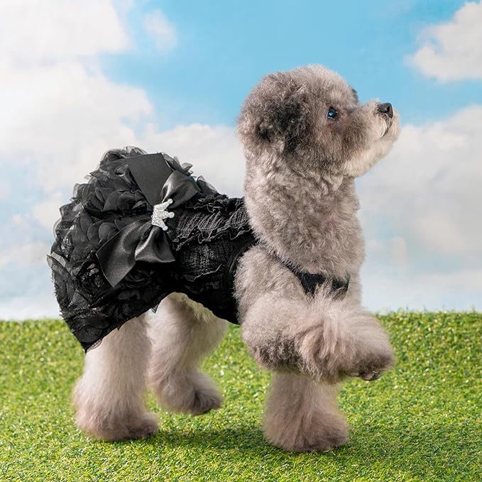 Pinkaholic New York Otelia Dog One-Piece Dress Trendy Fashionable Cute Elegant Dog Apparel for Small Dogs, Black, Small