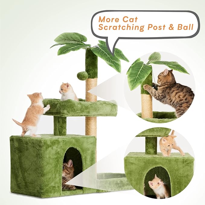 31.5" Cat Tree Tower for Indoor Cats with Green Leaves, Cat Condo Cozy Plush with Hang Ball and Leaf Shape Design, Cat Furniture Pet House with Scratching Posts, Green