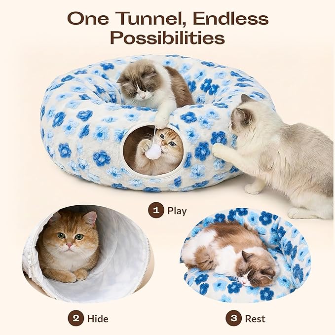 Meowfia Indoor Cat Tunnel with Donut Bed - Large Flexible Play Space for Multiple Pets - Circle or Snake Shape, Cozy Lounge (Blue Blossom)