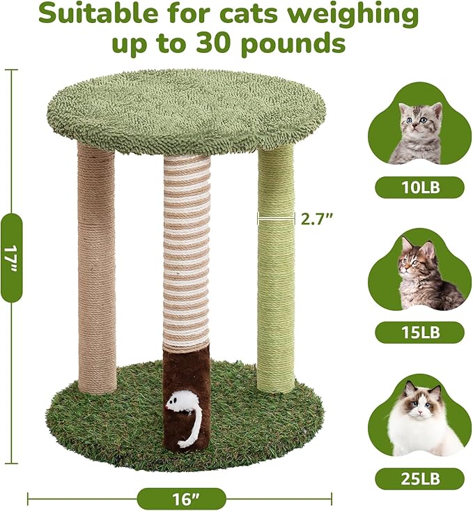 WOOCHPET Cat Tree Tower with 3 Scratcher Posts 17inch Tall Cat Tree Sisal Scratching Posts with Fun Cat Toys for Kitty and Adult Cats Small Cat Tower and Perch Bed for Indoor Cats (Green)