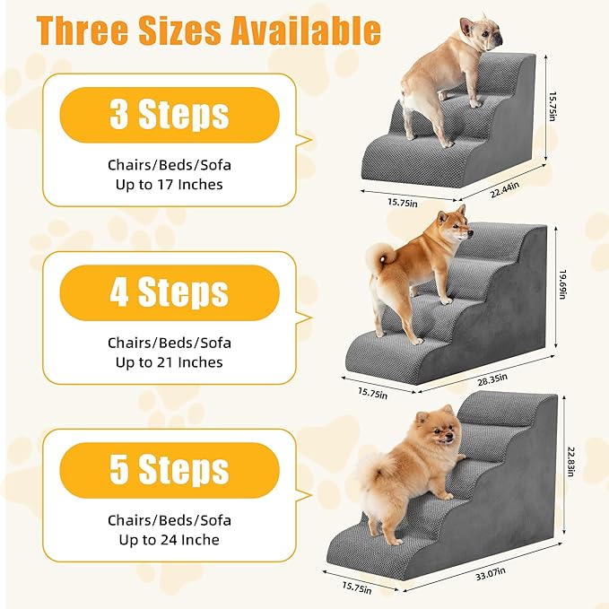 NEWBULIG 3-Step Dog Stairs, 15.7" H Dog Steps for Sofa and Chair, Non-Slip Sturdy Pet Steps for Small Dogs and Cats, Pet Ramp for High Bed Indoor(Grey)