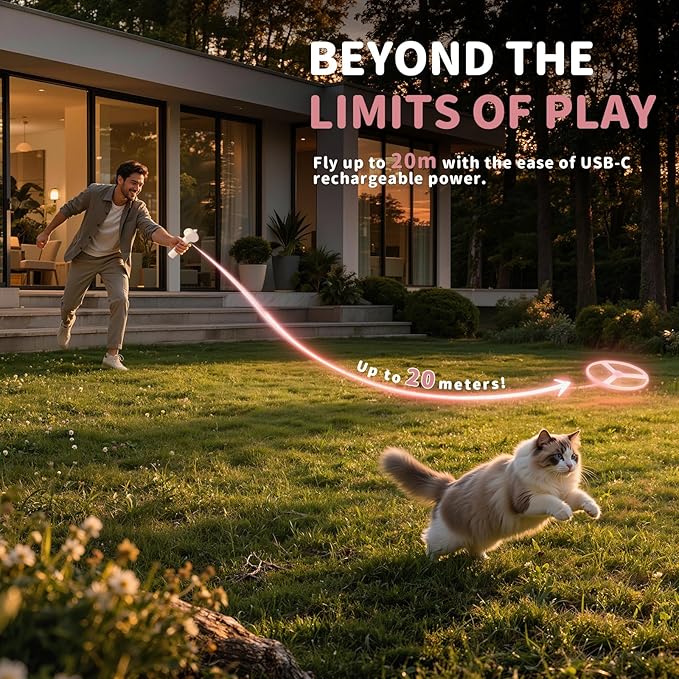 Cat Fetch Toy, One-Touch Automatic Launcher, Up to 20m Range, No Winding Needed, USB-C Rechargeable Flying Disc Toy, Interactive Cat Toy, Indoor Outdoor Use