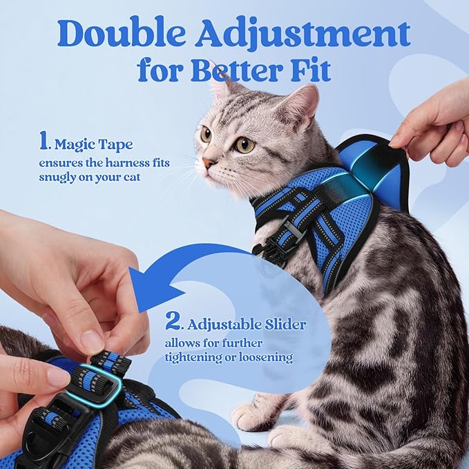 rabbitgoo Cat Harness and Leash Set for Walking Escape Proof, Adjustable Soft Kittens Vest with Reflective Strip for Cats, Comfortable Outdoor Vest, Blue, S