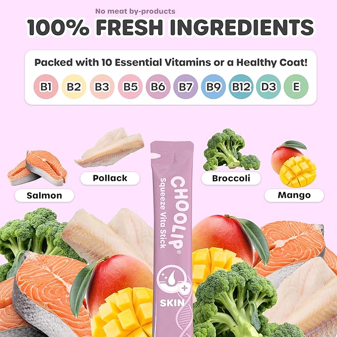 Choolip Squeeze Vita Stick Skin Support Lickable Cat and Dog Treats – 49-Count Multivitamin Sticks for Skin and Coat Health, Soft Puree for All Life Stages – Box with 7 Pouches
