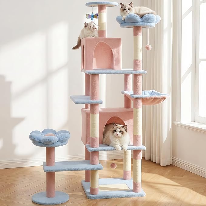 Flower Cat Tree 71 Inches，Large Cat Tower with 2 Detachable Flower Cushions and 2 Hiding Condo, Tall and Big Cat Tree with Hammock Bed, Interactive Toys and Scratching Posts for Indoor Cats (Blue)