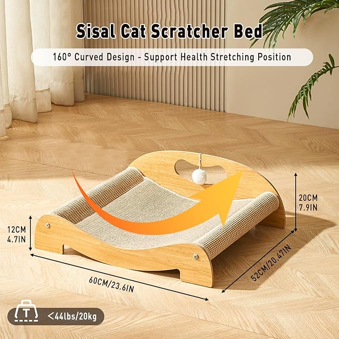 Sisal Cat Scratcher Bed for Indoor Cats, Hammock for Scratching Pad Cat, Extra-Large Sisal Scratching Post Furniture for Cat Lounger & Sleep & Scratch, 60 x 52 x 20cm