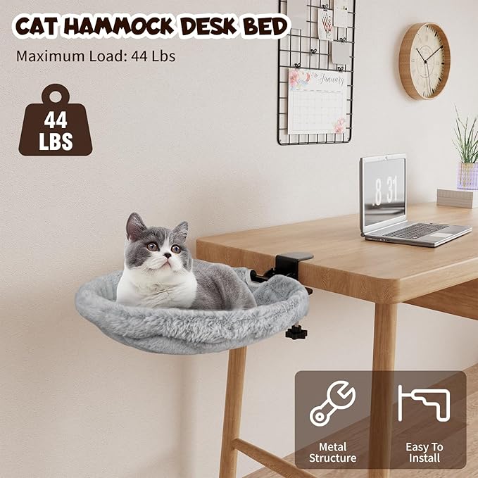 Cat Desk Bed, 90° Foldable Cat Hammock for Desk, Heavy Duty Cat Bed Desk Mount Up to 44lbs, Ergonomic Desk Mounted Cat Bed with Washable Soft Fabric, Space Saving Cat Perch for Home Office Desk