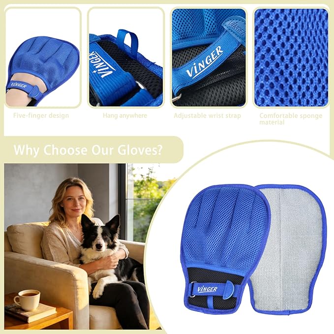 VINGER Pet Hair Removal Glove for Cats & Dogs, Electrostatic Pet Hair Gloves with Adjustable Wristband, Five-Finger Magic Brush Remover Tool for Laundry, Carpet, Couch, Car Seats & Clothing (Blue)