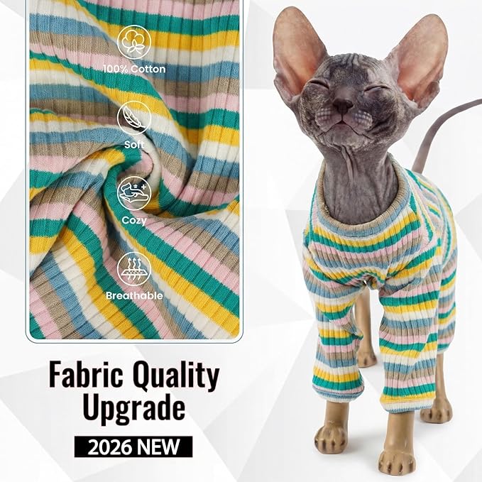 DENTRUN Hairless Cats Shirt Breathable Cat Daily Wear Clothes Stripe Vest Adorable Pajamas Jumpsuit Soft & Skin-Friendly