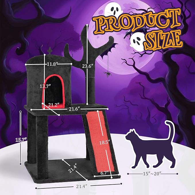 Outvita Gothic Cat Tree,42" Halloween Cat Tower Cat Tree with Spacious Cat Condo, Brach Shaped Scratching Post, Scratching Ladder, Spider Toy for Indoor Cats, Red & Black