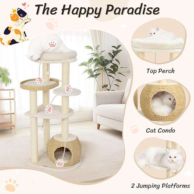 KAMABOKO Modern Solid Wood Cat Tree 53 Inch, Natural Sisal Scratching Posts Cat Tower for Indoor Cats, Cat Condo with Top Perch, Stable Wooden Cat Tree for Large Cats