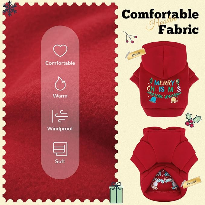 ABRRLO Small Dog Hoodie Clothes Red Christmas Dogs Outfit Warm Fleece Dogs Sweater for Small Dog Cat Boy Girl Cute Puppy Sweatshirt with Leash D Ring Xmas Doggy Costume Chihuahua Yorkie (Red,XS)