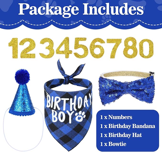 Cat Birthday Hat Set, Small Pet Birthday Party Supplies, Bandana Bow Tie Collar Hat with Number for Cats Kittens Apparel Outfits (Blue)