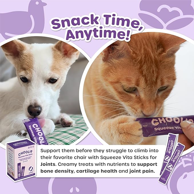 Choolip Squeeze Vita Stick Joint Support Lickable Cat and Dog Treats – 49-Count Chicken & Salmon Sticks with MSM and Vitamin E – Box with 7 Pouches, Vet-Formulated for Joint Health