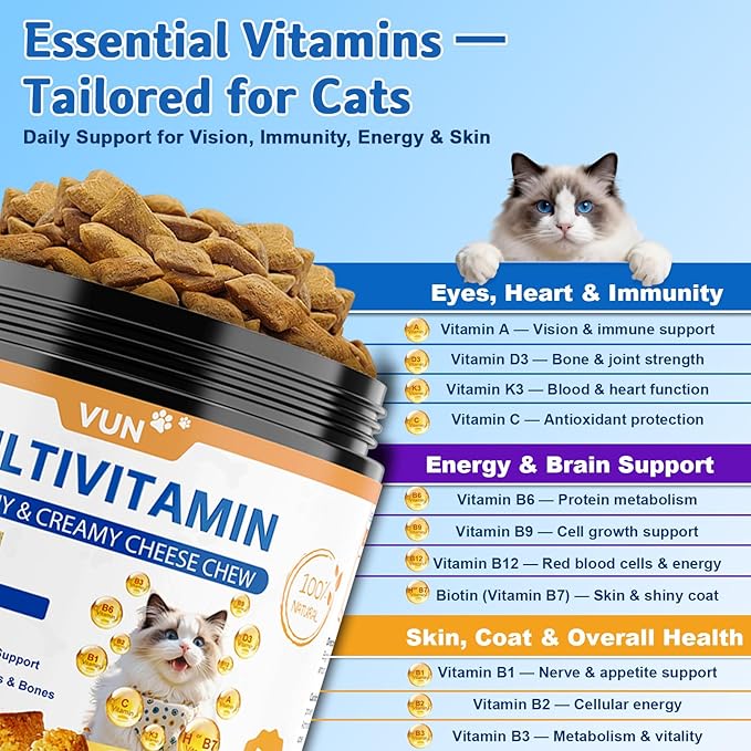 Cat Vitamins Crunchy&Creamy Chews-15 in 1 Cat Multivitamin Treat,Taurine for Cats Immune,Digestive,Skin&Coat,Joint,Heart & Brain with Fish Oil,DL-Methionine,Probiotics of All Breeds Ages,500 Counts