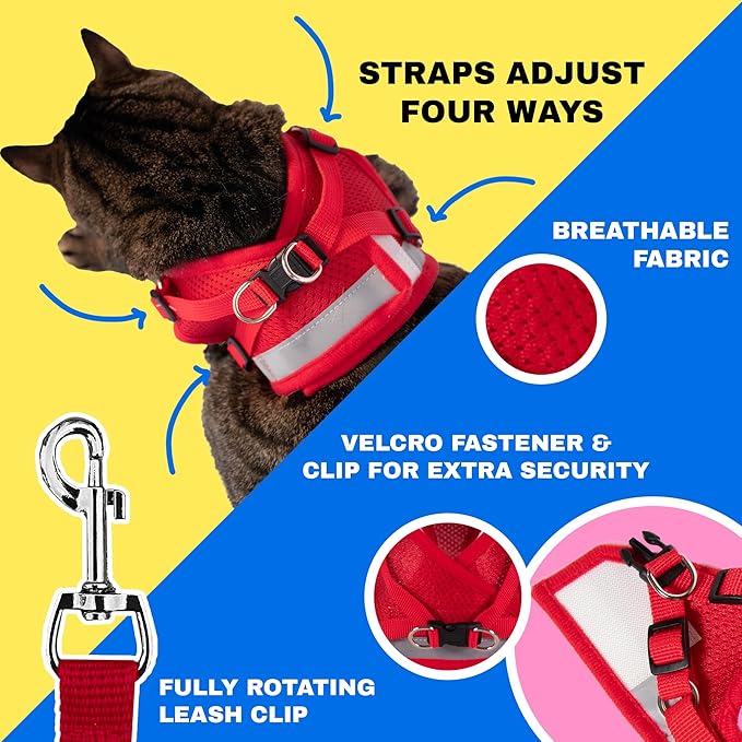 Travel Cat Harness and Leash Set - Adjustable Fit Mesh Cat Harness and Reflective Strap - Comfort Walking Vest for Kitten for Outdoor Walking, Hiking (Large, Red)