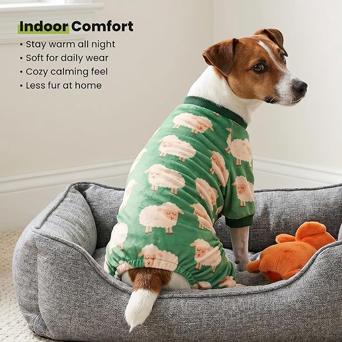 Fitwarm Funny Sheep Dog Pajamas, Warm Winter Dog Clothes for Small Dogs Boy Girl, Cozy Pet Onesie with Feet, Green, White, XL