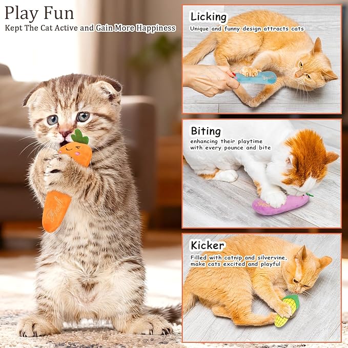 ETEKYER Catnip Cat Toys, 5 Pack, Plush Catnip Toys for Indoor Cats Kitty, Interactive Cat Nip Kitten Kicker Chew Safe Teeth Cleaning Toys, Fun Carrot Vegetable Shape