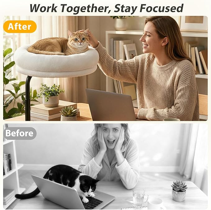 Sunhoo Cat Desk Bed 360° Rotating Height Adjustable Desktop Mount Hammock Kitten Perch Easy Setup Kitty Nest Table Clamp-on Attachment for Indoor Cats Washable 17" Diameter Hold Up to 40lbs（White）
