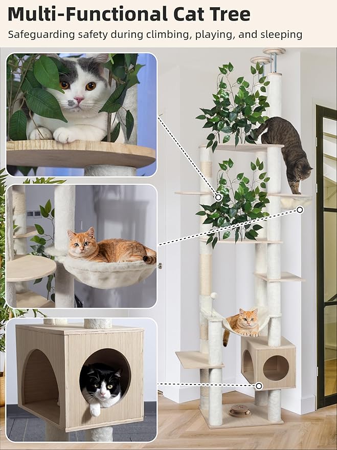Fantasreen Large Cat Tree Floor to Ceiling Tower, Adjustable Height 77-101 Inches Tall, Climbing Cat Activity Furniture with Thickened Posts, Hammock Bed and Condo for Indoor Cats, White