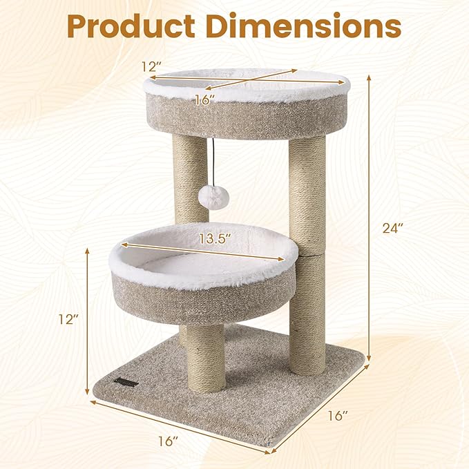 PETSITE 24-inch Small Cat Tree, Multi-Level Modern Cat Tower with Scratching Posts, 2 Comfy Cat Beds, and Interactive Hanging Ball, Ideal for Indoor Cats and Kittens (24-inch Tall)