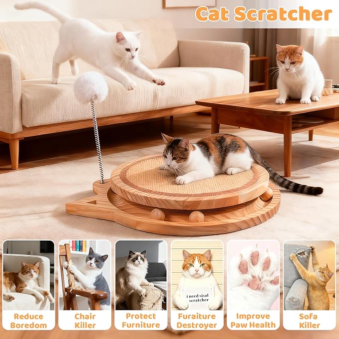 Sisal Cat Scratcher with Ball Track and Spring Toy 3 in 1 Wooden Interactive Cat Toys Cat Scratchers for Indoor Cats and Kitty