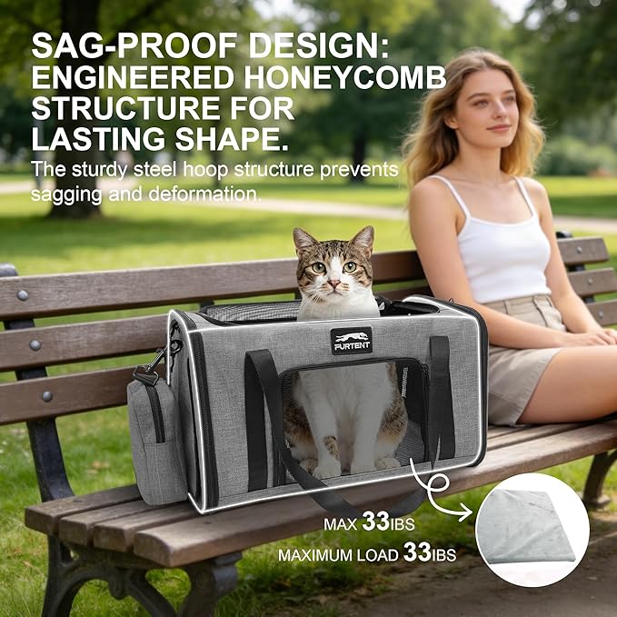 Soft Sided Cat Carrier Airline Approved up to 15lbs, 17x11x9.5 Inch Ventilated Pet Travel Bag with Foldable Litter Box & Storage, Portable Cat Transport Carrier for Flights Car Vet Gray