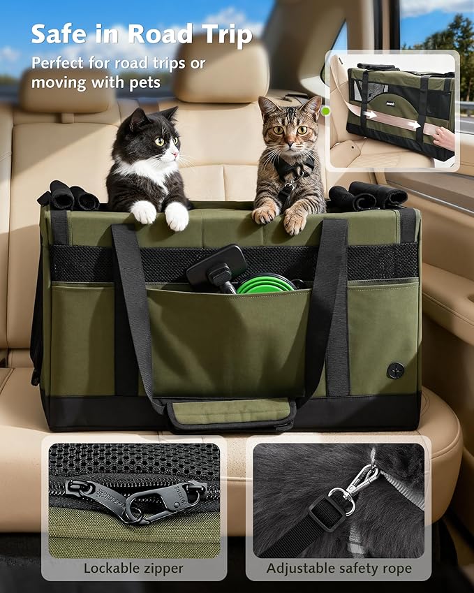 Pecute Dual Compartment Pet Carrier for Multi-Cat Families & Small Dog Owners, Collapsible Dog Crate with Reinforced Steel Frame, Car Safety Design for Travel, Vet Visits & Home Use, Green