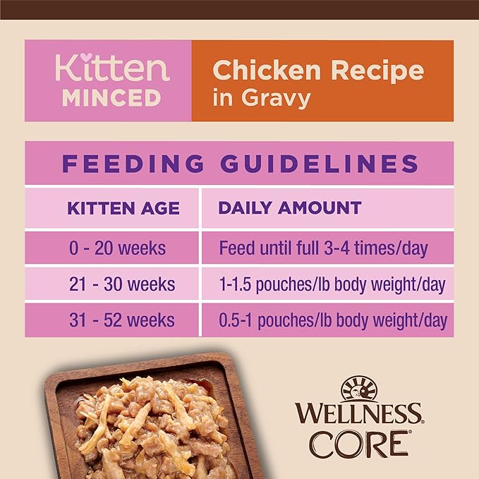 Wellness CORE Tiny Tasters Minced Kitten Wet Cat Food, Natural, Protein Rich, Grain Free, Chicken Recipe, 1.75 oz, Pack of 12 Pouches