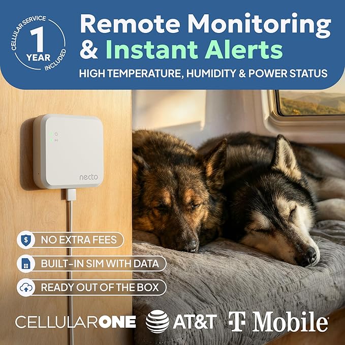 RV Pet Temperature Monitor - No WiFi Required - Remote Power Outage & Temp Sensor with App Alerts. Cellular Monitoring System for Home Safety & Server Room (1 Year Subscription Included)
