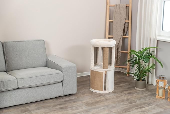 Trixie Giorgia Cat Tower, Combo Plush & Jute Covered Surfaces, Scratching Posts, Indoor Cat Condo with Padded Bed, Beige, 15.7" x 15.7" x 32.3"