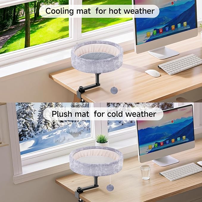 Chumajor Cat Desk Bed - 360° Rotating & Adjustable, Supports 50 lbs, Soft Faux Fur with Dual-Sided Reversible Mat, Modern Indoor Cat Nest Furniture for Office Desks and Game Tables, Island Table