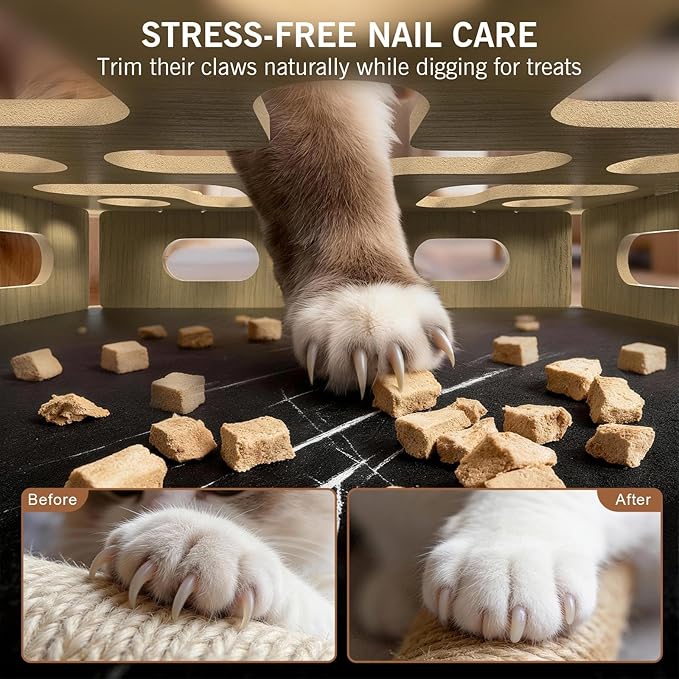 EIODEAR Cat Nail File Scratcher Box with 3 Sandpaper Pads & 4 Bell Balls, Sturdy Wood Cat Nail Scratcher to File Nails, Cat Toy Filer Toy for Treat-Motivated Cats, Included Silicone Security Rings