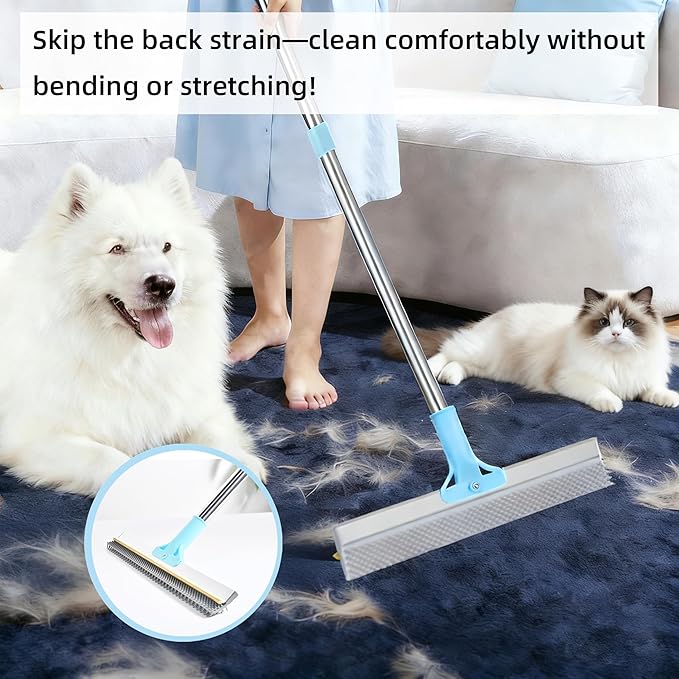 [Pet Days 2026] Lazyfeel Pet Hair Remover Rake - Adjustable 18-54" Pole, Double-Sided Rubber Brush for Carpet, Furniture, Stairs & Car,Includes Washable Pads, Handheld Brush & Wall Hook