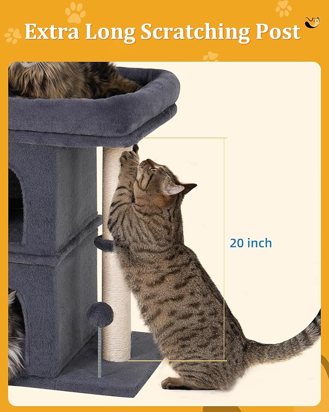 Aechonow Cat Tree for Large Cat, 19x16.5In Large Cat Perch, Adult Cat Tower for Indoor Cats with 24In Long Scratching Post, 2 Cozy Cat Condo House for Adult & Fat Cats, Dark Gray