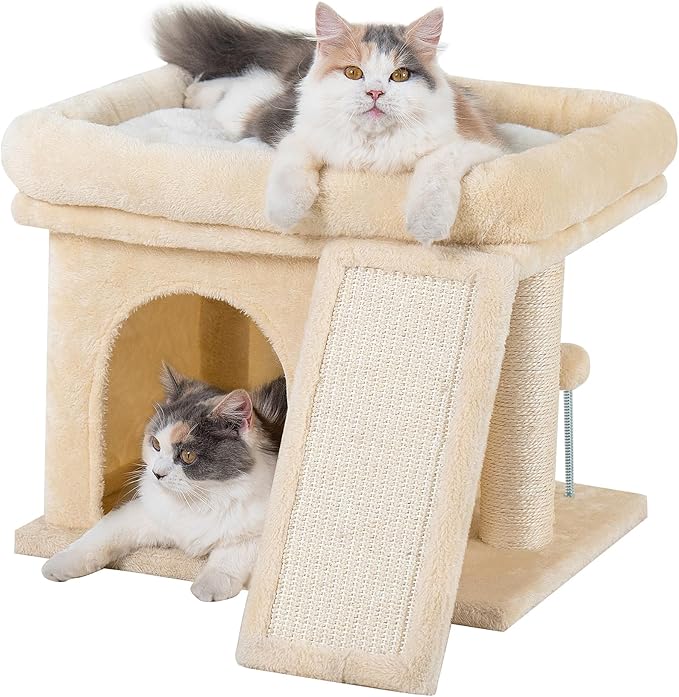 Aechonow Small Cat Tree Tower for Large Cat, Cat Bed House with Large Perch for Adult Cats, 20x16.5 Inch Big Platform for Indoor with Super Cozy Soft Mat, Large Cat Condo with Scratching Post, Beige