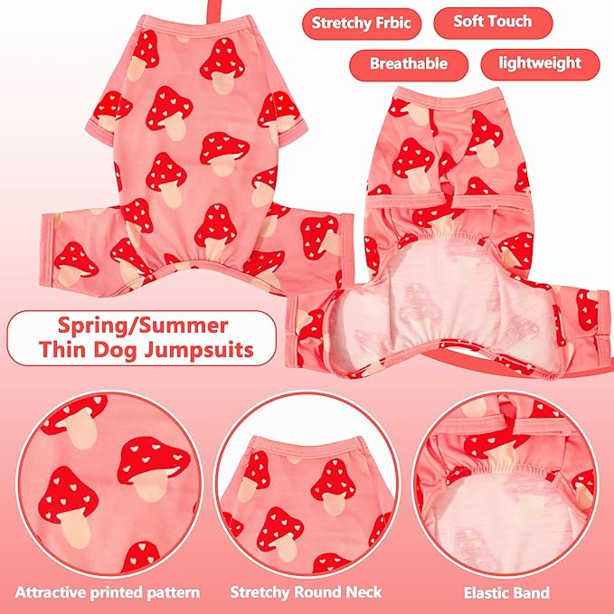 Dog Pajamas Summer Cute Print Puppy Jumpsuit Thin Dog Onesie Small Dog Clothes with Comfy & Elastic Frbic Puppy Pjs(Peach Mushroom, Large)