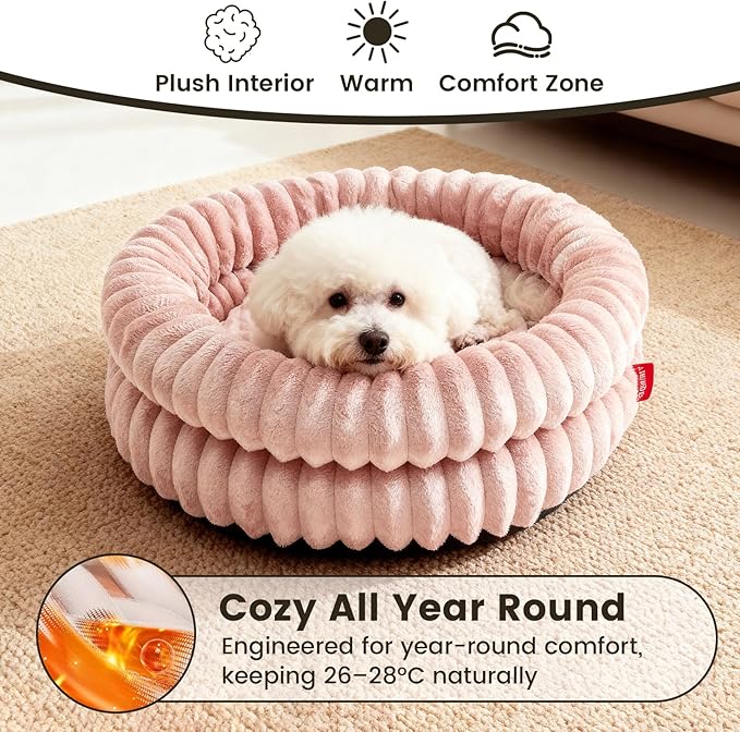 Cat Beds for Indoor Cats, Machine Washable Orthopedic Donut Dog Bed for Small Dogs, Fluffy Warm Thermal Round Pet Bed with Anti-Slip Bottom for Puppy and Kitten, Dark Pink, 20"x20"x6.5"