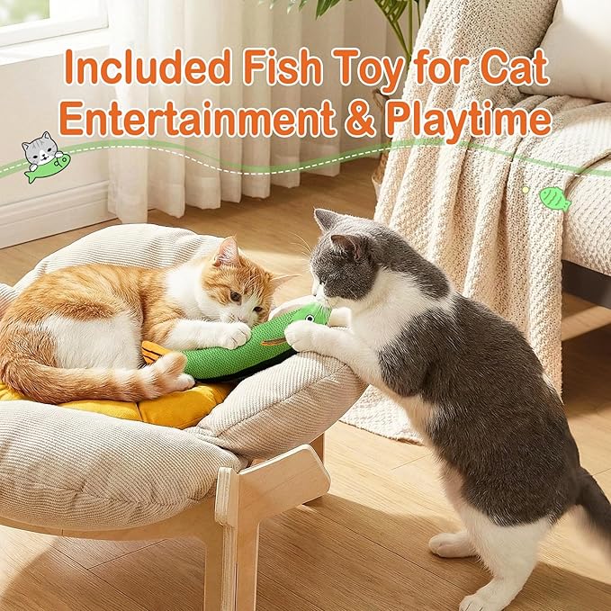Elevated Flower Cat Bed with Thickened Soft Cushions, Aesthetic Raised Cat Chair for Indoor Cats, Wooden Cats Furniture with Toy, 39lbs Capacity (Beige Petal & Yellow Center)