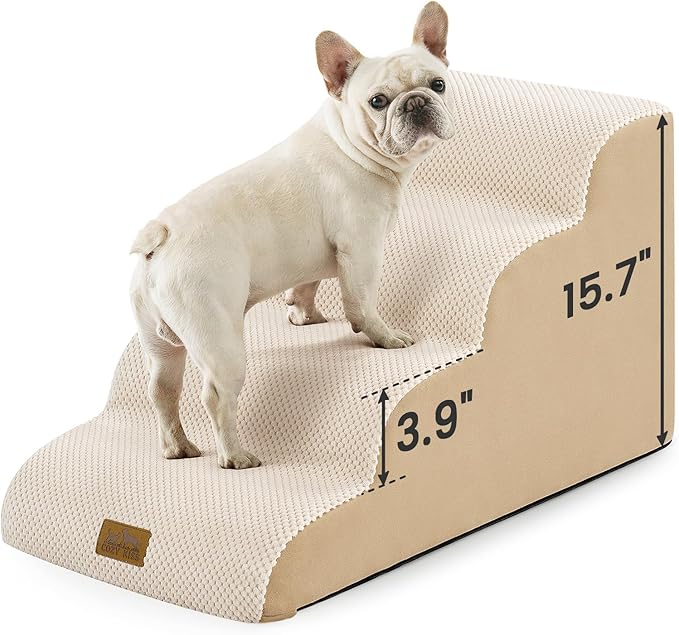 COZY KISS Dog Stairs for Small Dogs 15.7" H, 4-Step Sturdy Foam Dog Steps for Couch and Bed, Curved Pet Stairs for Puppy and Older Cat, Doggie Ladder with Washable Cover, 15.7x28.3x15.7 inch, Beige