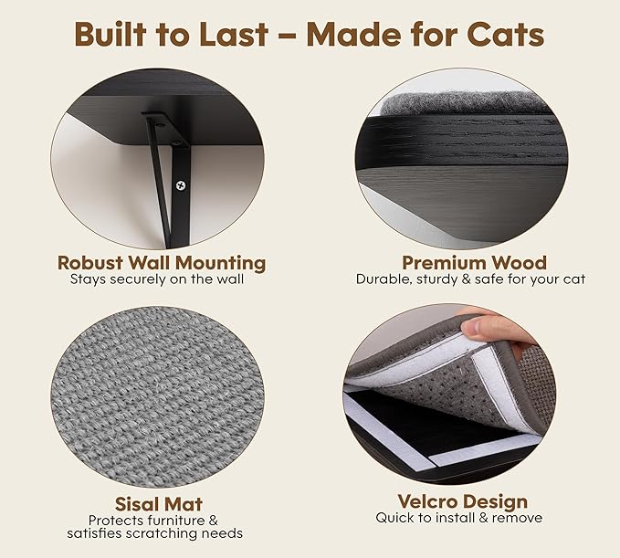 Cat Wall Shelves Set of 2, Black Solid Wood Cat Window Perch with Grey Sisal Cushion, Wall-Mounted Space-Saving Climbing Bed, Lounging Shelf for Kittens & Cats, Black Furniture for Indoor
