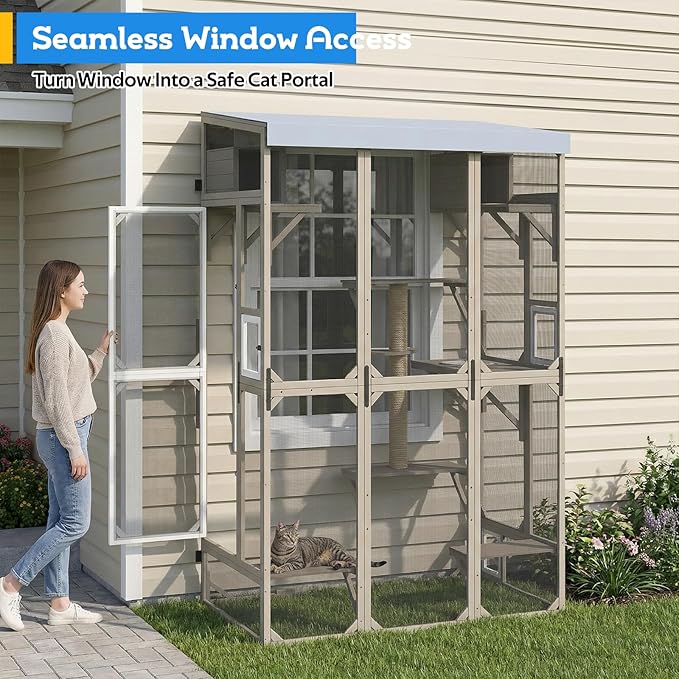Extra Large Window Catio for Indoor Cats, 99.5" Bug-Proof Cat Enclosure Outdoor Cat Cage with 8 Jump Platforms & Scratching Post, Weatherproof Cat Patio for Window